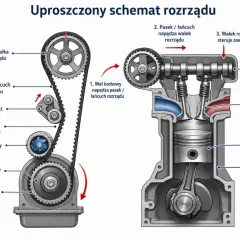 Schemat działania rozrządu w samochodzie: wał korbowy napędza pasek, który z kolei obraca wałek rozrządu sterujący zaworami.