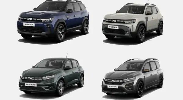 Cztery dacia modele: Bigster, Duster, Sandero i Jogger, prezentowane w różnych kolorach.