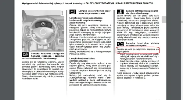 Kontrolki Dacia Dokker: lampka kontrolna układu oczyszczania spalin zapala się po włączeniu zapłonu.