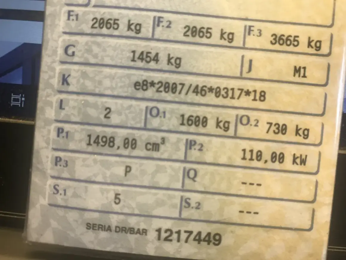 Szczegóły pojazdu z dowodu rejestracyjnego: masa 2065 kg, homologacja e8*2007/46*0317*18, moc 110 kW.