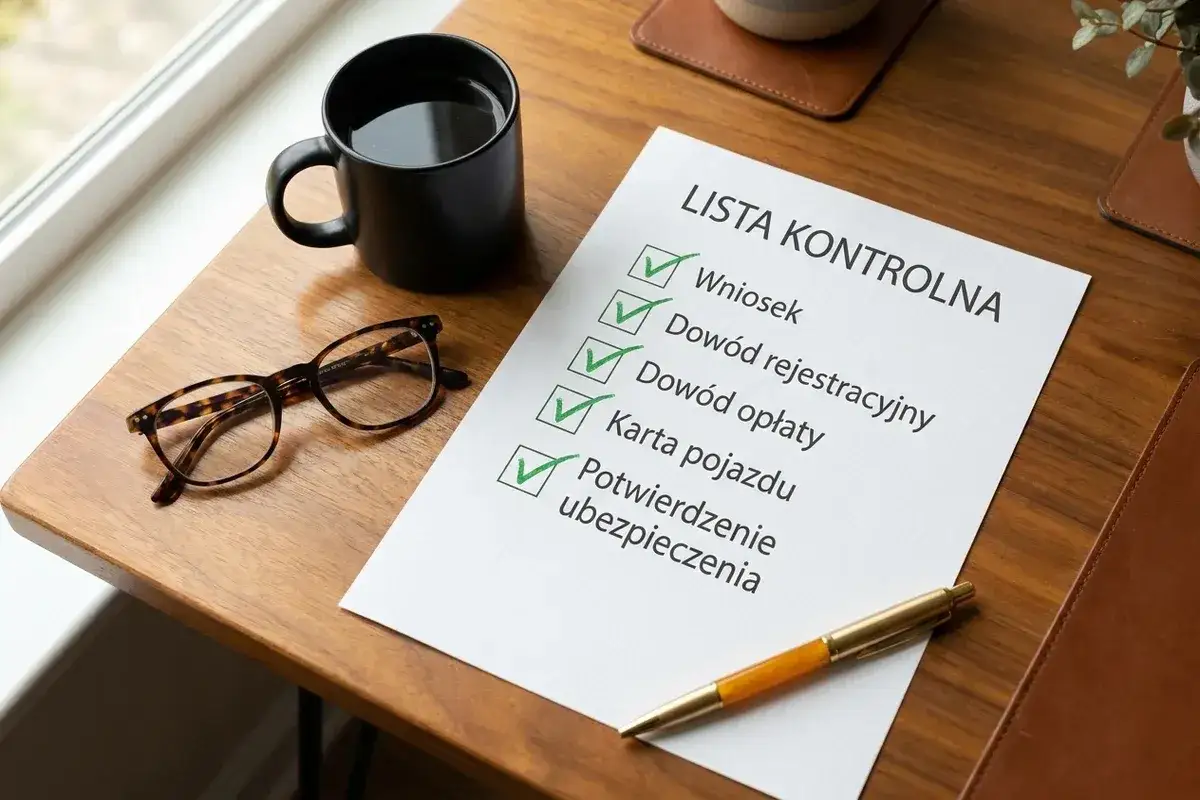 Lista kontrolna z zaznaczonymi dokumentami: wniosek, dowód rejestracyjny, karta pojazdu, potwierdzenie ubezpieczenia.