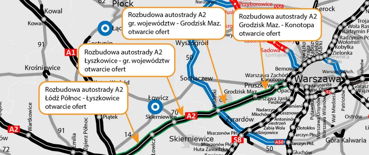 Aktualności dzisiaj: mapa pokazuje rozbudowę autostrady A2 na odcinkach Łyszkowice - gr. województw i Grodzisk Maz. - Konotopa.