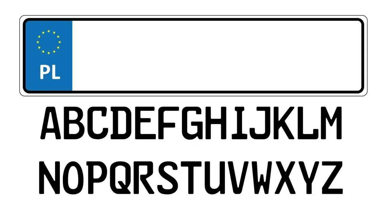 Pusta tablica rejestracyjna z symbolem PL i alfabetem do tworzenia numerów. Idealne do cg rejestracja.