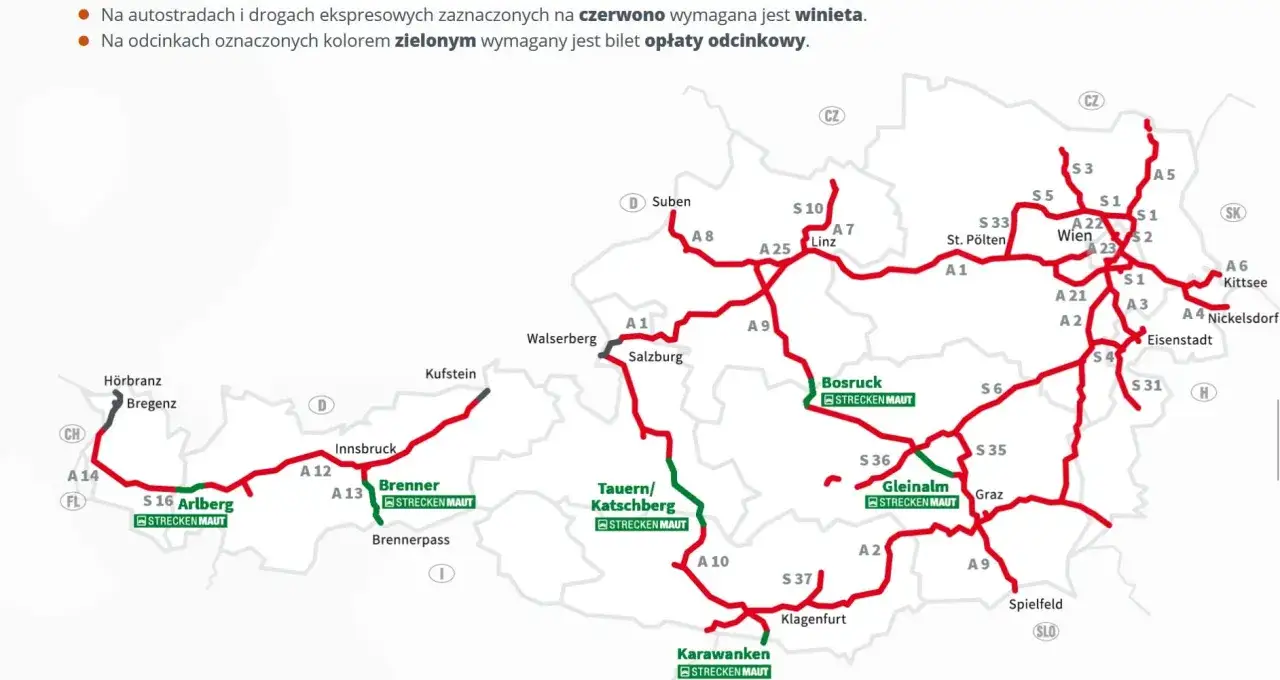 Mapa Austrii z drogami. Czerwone trasy wymagają winiety, zielone to opłaty odcinkowe. Sprawdź e-winieta Austria cena przed podróżą.
