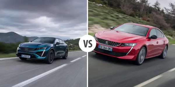 Dwa modele Peugeot sedan: jeden niebieski, drugi czerwony, jadące po drodze.