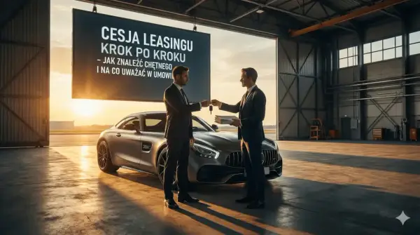 Dwóch mężczyzn w garniturach dokonuje cesji leasingu luksusowego samochodu. Na ekranie widnieje napis "Cesja leasingu krok po kroku".