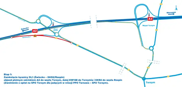 Aktualności dzisiaj: zamknięta łącznica DL1 na A2 Świecko-Rzepin. Objazd płatnym odcinkiem A2 do Torzymia.