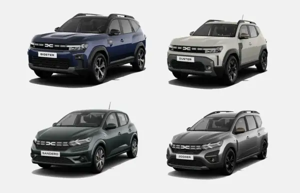 Cztery dacia modele: Bigster, Duster, Sandero i Jogger, prezentowane w różnych kolorach.