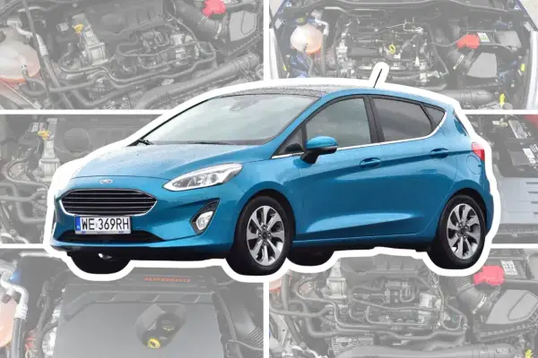Niebieski Ford Fiesta MK6 z widocznym silnikiem w tle.