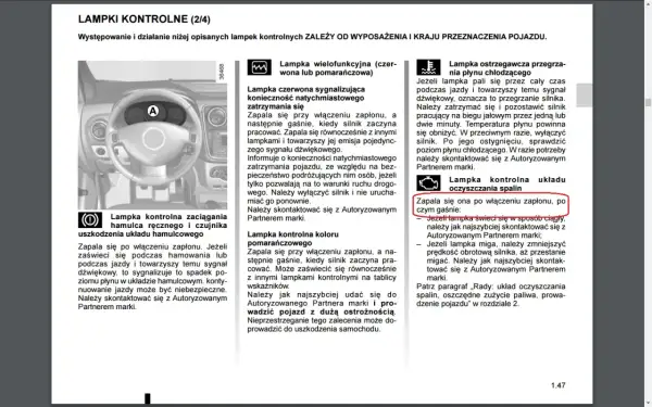 Kontrolki Dacia Dokker: lampka kontrolna układu oczyszczania spalin zapala się po włączeniu zapłonu.
