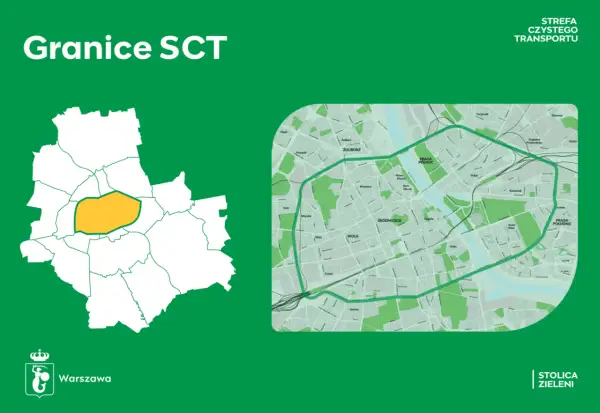 Mapa Warszawy z zaznaczonymi granicami strefy czystego transportu. Widać obszar SCT w centrum miasta.
